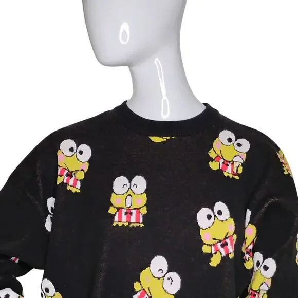 Hello Kitty & Friends by Forever 21 Knit Sweater Keroppi Print Black Green Sz L - Picture 3 of 14